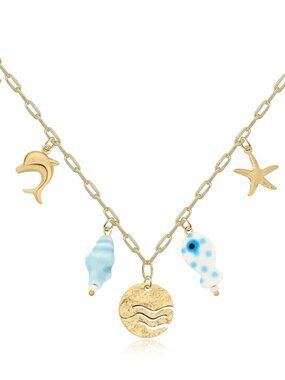 Chunky Gold Necklace Statement Shell Starfish Turquoise Dolphin Charm Choker Boh